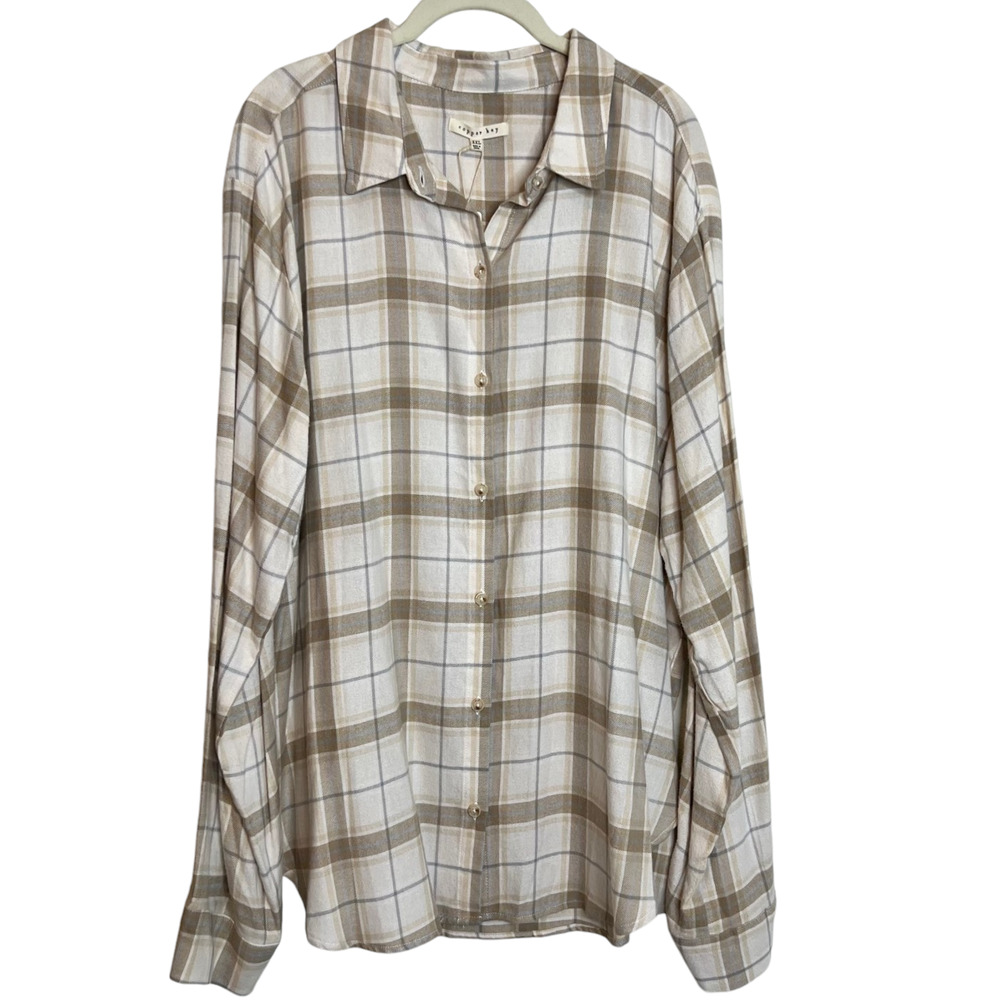 Juniors Copper Key Flannel Shirt XXL Beige Plaid Long Sleeve Cotton Blend NEW